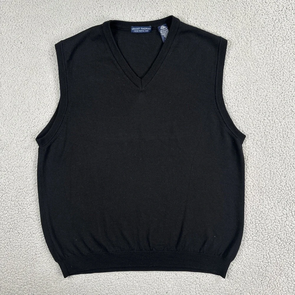 Grant Thomas Italian Merino Wool Sweater Vest Men XL Black V-Neck Made in Italy